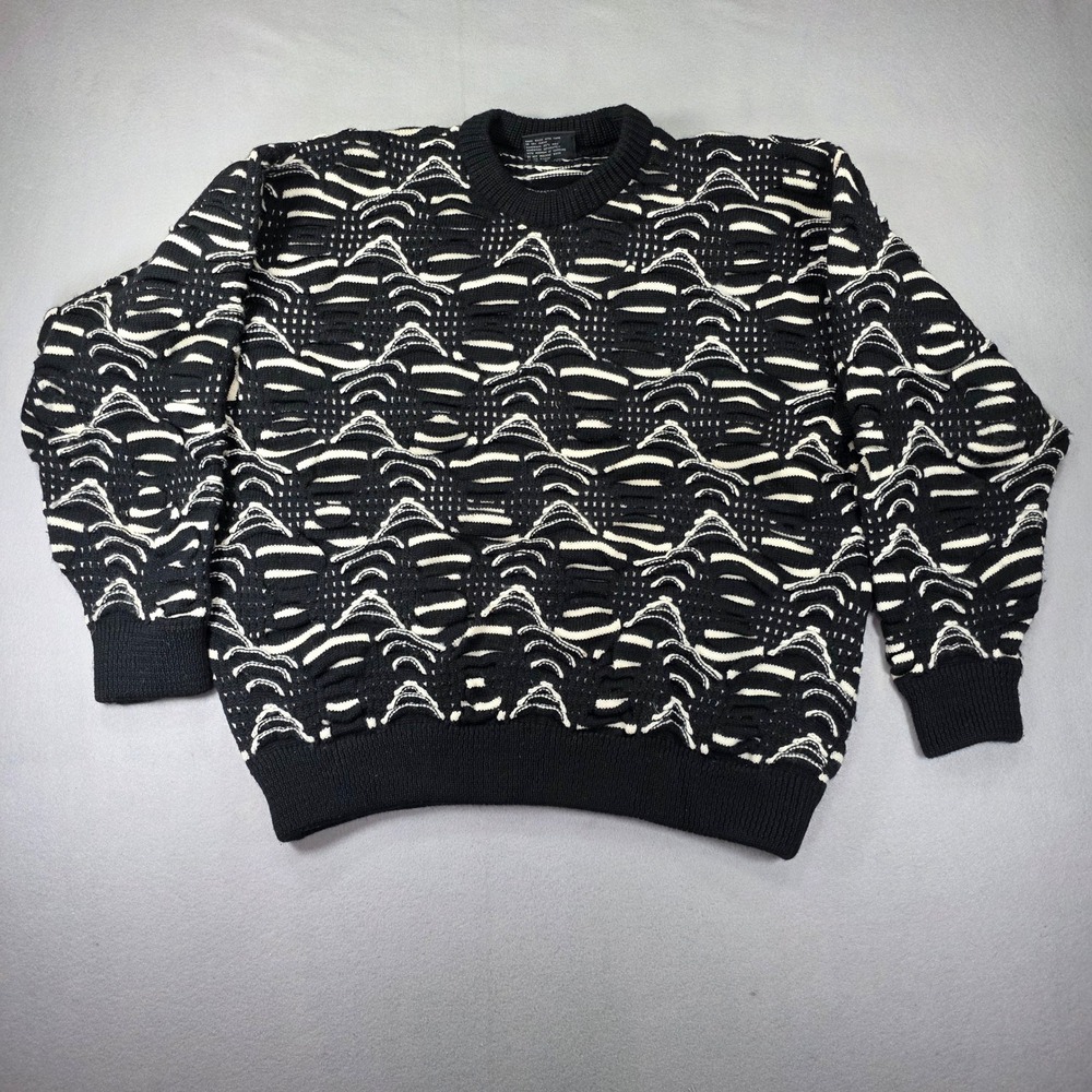 Coogi Australia Mens Pure Wool 3D Textured Knit Sweater Black Cream Large L